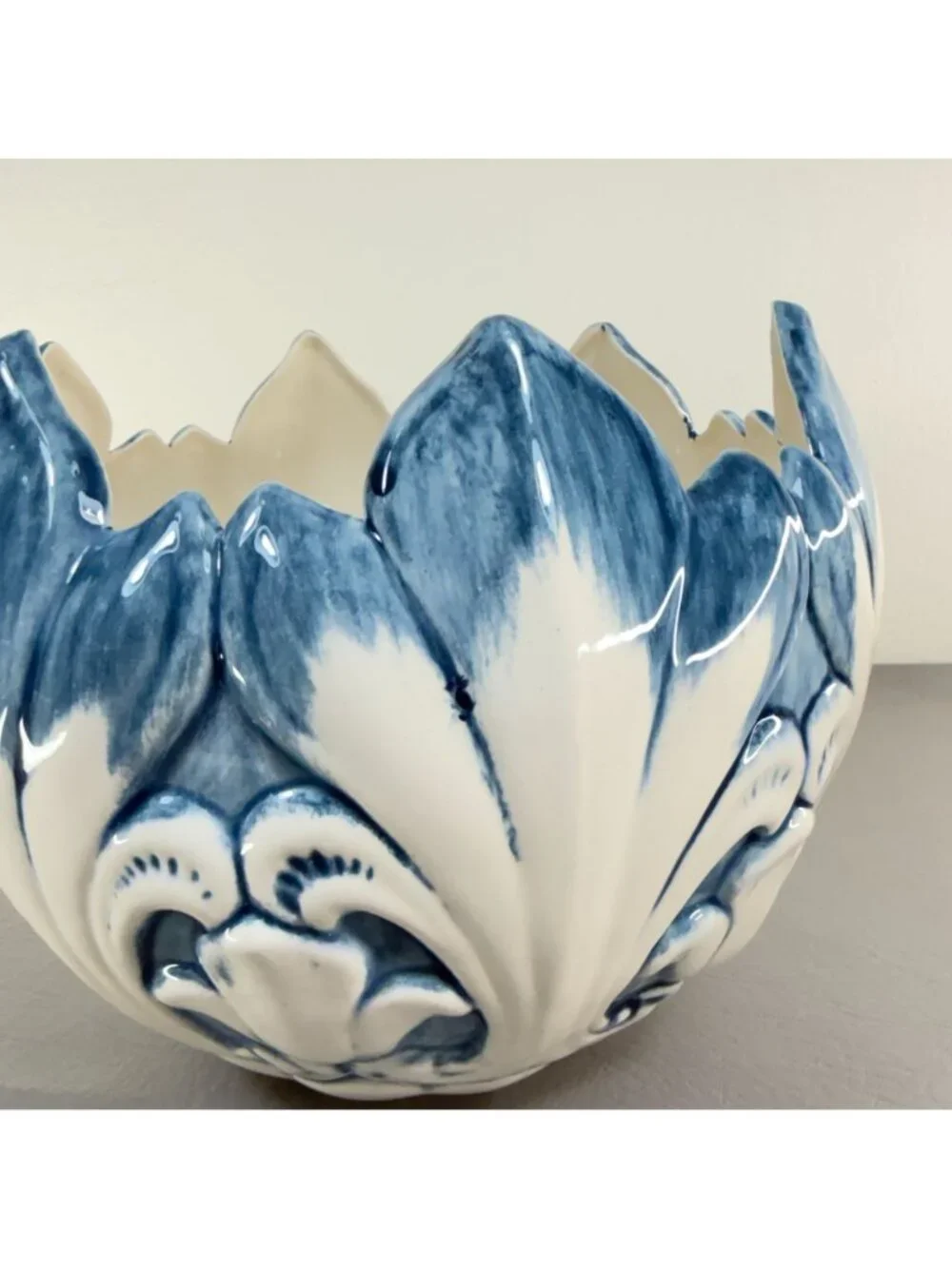 Italian Style Blue White Majolica Petal Cachepot Large Floral Centerpiece Bowl